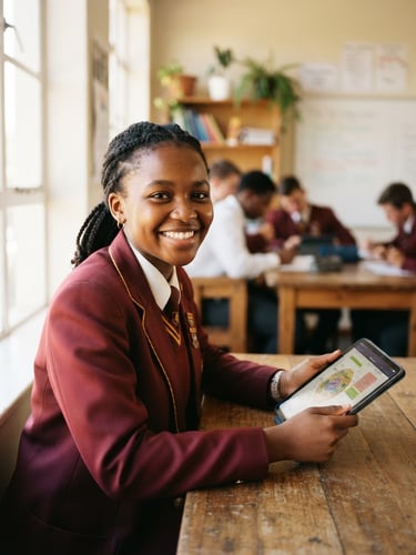 A young Black South African high school student smiling warmly, holding a digital tablet in a sunlit modern classroom, 35mm editorial photography, shallow depth of field