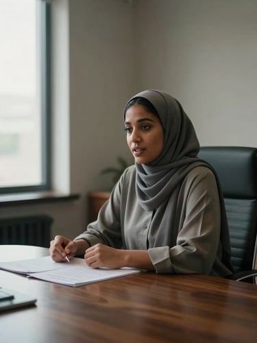 Environmental wide shot, natural window light flooding from the left — Fatima Abdul Habeeb seated at a dark wood table in a boardroom, leaning slightly forward mid-conversation, documents in front of her, confident and unhurried bearing, background softly out of focus, muted interior tones