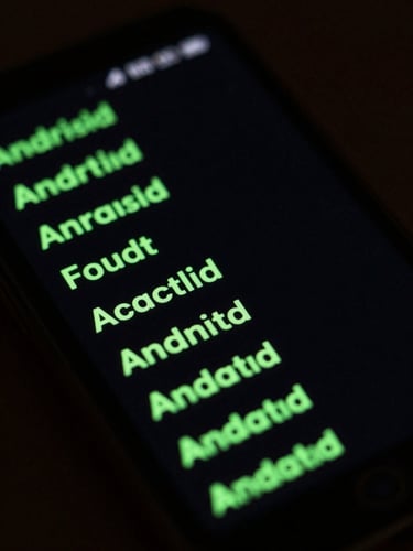 Tight macro shot of a physical Android phone displaying a clean terminal-style system interface with neon green text, moody low-key lighting