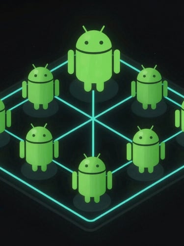 Isometric vector diagram of a secure, sandboxed Android system architecture, clean green and cyan lines on a pitch-black background.