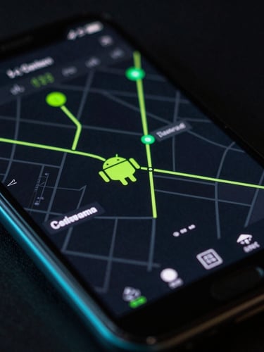 Close-up macro shot of an Android device screen showing a visual storage map, neon green accents, low-key moody studio lighting with cyan edge-glow, dark-mode display, 35mm lens.
