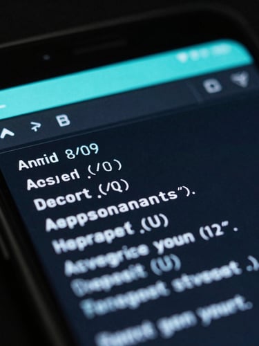 Close-up macro shot of an Android device screen showing a terminal interface with clean command lines, low-key moody studio lighting with cyan edge-glow, dark-mode display, 35mm lens.