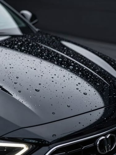 Macro shot of water beading dramatically on a flawless, high-gloss obsidian black car hood, sharp linear reflections, cool-toned studio lighting, 85mm