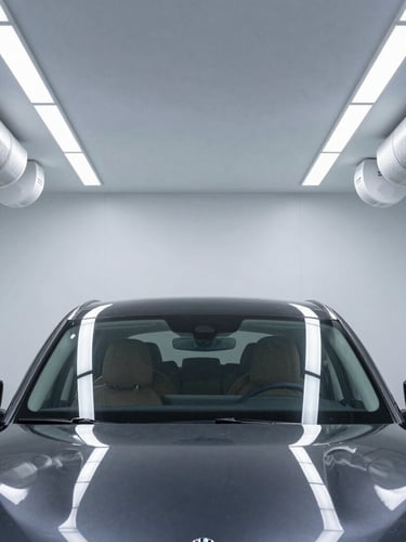 Symmetrical wide shot of a clinical, ultra-clean automotive workshop with positive-pressure filtration vents, bright overhead linear LED lights reflecting off a pristine dark vehicle, 85mm