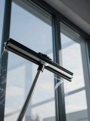 Extreme close-up of a squeegee applying clear protective film to a massive floor-to-ceiling window, sharp geometric shadows, clinical workshop precision.