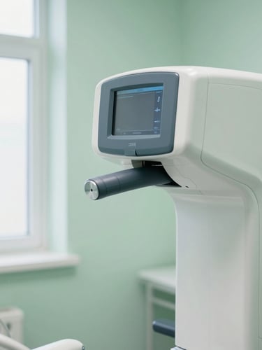 A close-up of a modern digital OPG panoramic dental X-ray machine in a bright, clean clinical room with soft seafoam green walls and natural window lighting.