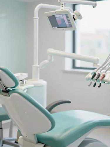 A bright, soft-lit modern dental operatory with a state-of-the-art dental chair, calming seafoam accents, natural window light, shallow depth of field