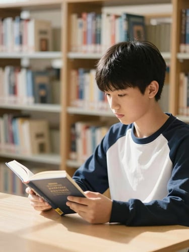 Focused student reading a book in the bright school library, warm natural daylight, bookshelves in the background