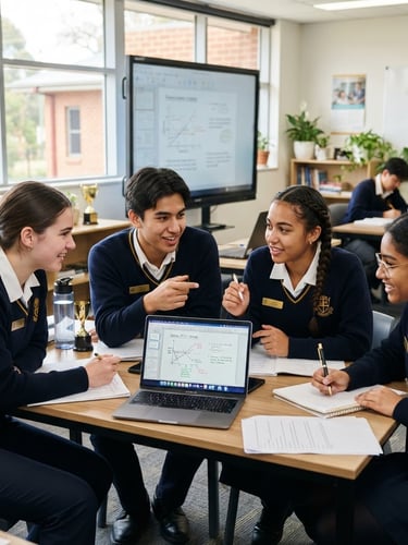 Medium shot of active student collaboration in a bright smart classroom, natural daylight streaming through windows, navy uniforms