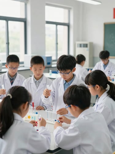Hands-on science experiment in a bright school laboratory, students in clean white lab coats observing a chemical reaction, natural daylight streaming through large windows, modern equipment, shallow depth of field.