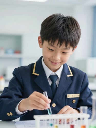 A portrait shot of a young student in a clean navy uniform smiling while working on a science experiment in a bright, modern laboratory, natural light, shallow depth of field.