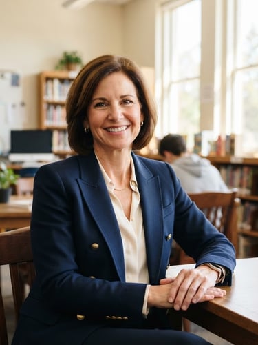 Medium portrait of a school principal in a tailored navy blue blazer with subtle gold accents, smiling warmly, sitting in a bright school library with soft natural daylight streaming through large windows, books and smart classroom elements softly blurred in the background, clean composition, shallow depth of field.