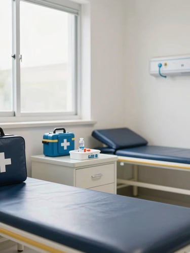 Interior of a bright, clean school medical room with first-aid equipment, natural window light, reassuring and professional atmosphere.