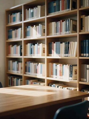 A quiet modern law library interior with shelves of books, soft warm window light casting long shadows on a wooden study desk, 35mm