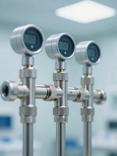 Macro close-up of stainless steel medical gas pipeline connections with digital telemetry sensors in a sterile clinical room, cool bright lighting