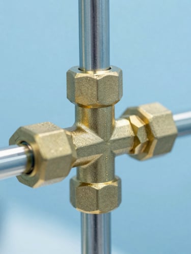 Macro close-up of a high-precision brass gas regulator connected to a stainless steel medical pipeline, sterile clinical environment, cool blue and silver reflections, sharp focus, 35mm