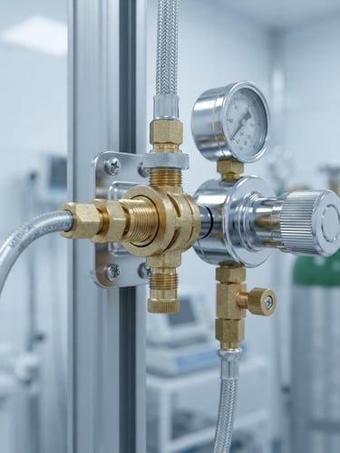Macro close-up of a chrome-plated medical gas regulator in a sterile hospital environment, bright cool clinical lighting, sharp focus on brass fittings.