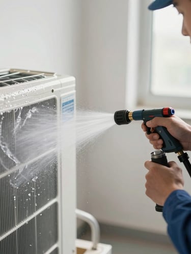 Close-up of a professional technician in a clean uniform washing an indoor AC evaporator unit with a high-pressure water spray, water droplets visible, bright natural indoor lighting.