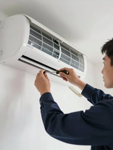 Close-up of a professional technician in a clean navy uniform adjusting a modern split AC unit on a bright white wall, natural daylight, focus on the clean installation and hands holding a screwdriver.