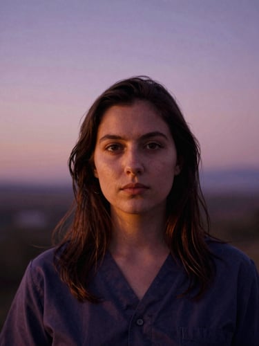 Atmospheric film portrait of a serene therapist in twilight golden hour, soft focus, deep violet and amber tones, 35mm lens