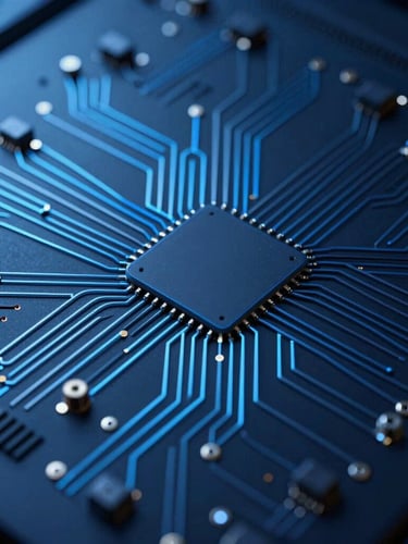 Vue macro d'un circuit imprimé de serveur avec des reflets bleus, dans un style de photographie tech d'entreprise élégant, éclairage de studio bleu froid, détails nets à contraste élevé, composition minimaliste, objectif 50mm.