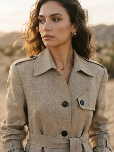 A close-up editorial crop of a model wearing a structured linen trench coat, warm golden-hour side light, rich desaturated tones, soft desert background, 35mm photography
