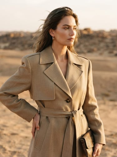A medium-close editorial crop of a model wearing a structured linen trench coat in a warm desert setting, soft golden-hour side light, rich desaturated tones, 35mm photography.