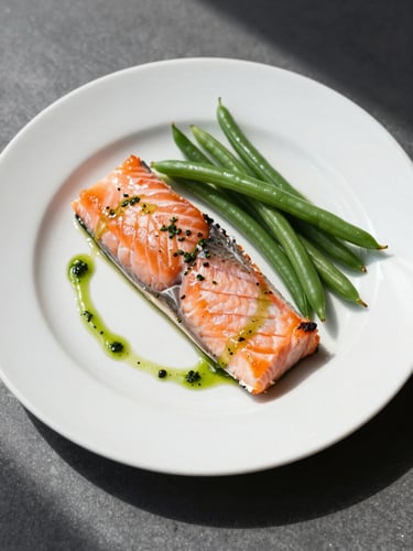 Overhead close-up of a plated corporate lunch — sliced poached salmon fillet on a white ceramic plate with a herb vinaigrette drizzle, trimmed green beans alongside, natural north-facing daylight, shadowless studio clarity
