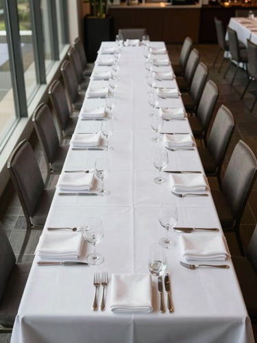 Wide overhead view of a banquet hall mid-setup, long rectangular tables laid with white linen, polished glassware, and folded napkins in precise alignment, natural daylight from tall windows on the left, empty chairs awaiting guests, geometric precision of the place settings visible from directly above