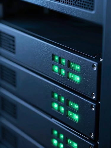 Macro shot of high-end server hardware, glowing green status indicators reflecting on dark slate metallic panels, clean corporate engineering, shallow depth of field, 35mm