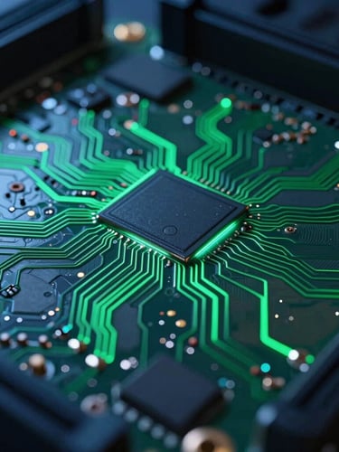 Extreme close-up of server motherboard circuits, sharp emerald green laser-like trace highlights, dark metallic slate plates, cinematic dramatic lighting, 35mm