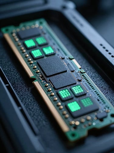 Macro shot of physical server memory modules, cool slate tones with sharp emerald green status LEDs, cinematic lighting, 35mm