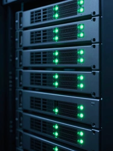 Macro shot of an enterprise server rack with sharp emerald green status lights, low-key cinematic lighting, cool blue and deep slate tones, 35mm