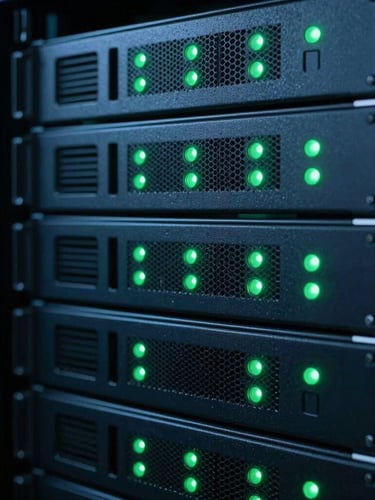 Macro shot of server racks with clean green status lights, low-key cinematic lighting, cool blue and deep slate tones, 35mm