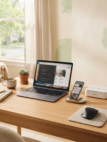 Clean, bright workspace with a modern laptop, smartphone, and a small printer on a light wooden desk, natural morning light from a large window, soft shadows, warm cream and soft green tones.