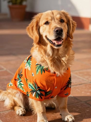 A happy small golden retriever wearing a vibrant tropical orange pet shirt, sitting on a sunlit Mexican terracotta patio, warm natural golden-hour sunlight, close-up shot showing fabric texture