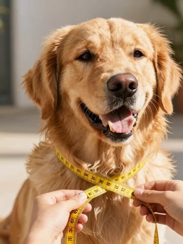 Close-up portrait of a happy golden retriever being measured with a soft yellow tailor tape around its chest by gentle hands, bright sunlit outdoor patio background, warm tones, 35mm lens
