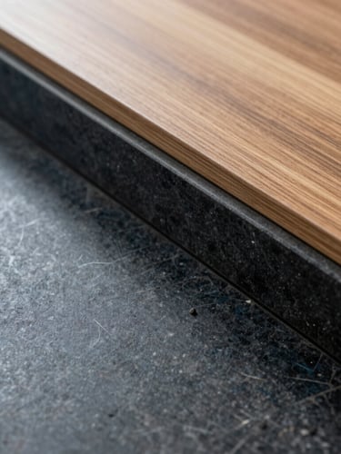 Macro photograph of high-end architectural materials transitioning from polished dark stone to warm wood, crisp daylight, luxury interior detail