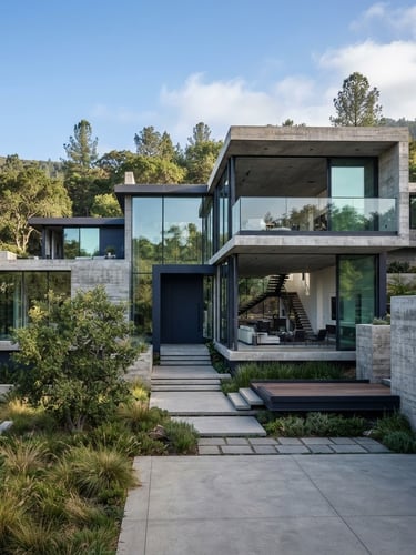 Premium architectural photography of a modern concrete and glass residence, crisp natural daylight, sharp focus, 35mm lens