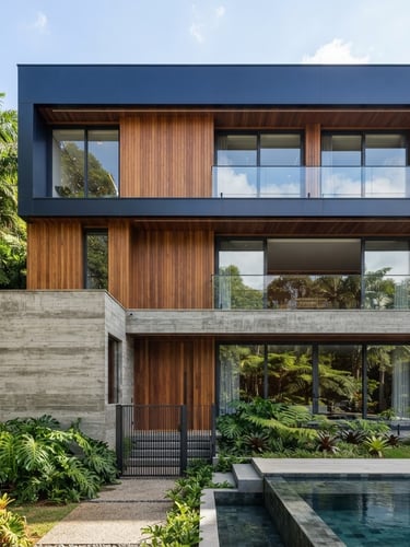 Premium architectural photography of a completed luxury residential facade in Brazil, crisp natural daylight, clean concrete and warm wood transitions, 35mm lens