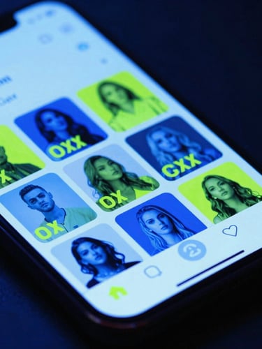 Dynamic macro shot of a smartphone screen displaying a vibrant social media feed with high-contrast electric blue and neon green graphics, cool studio lighting, dark background, 35mm lens