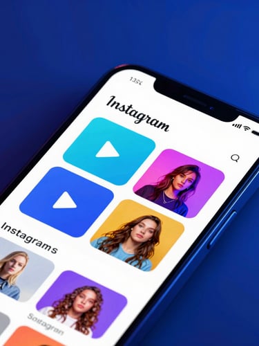 Close-up of a modern mobile screen showing an engaging Instagram feed with vibrant visuals, cool blue studio lighting, high contrast