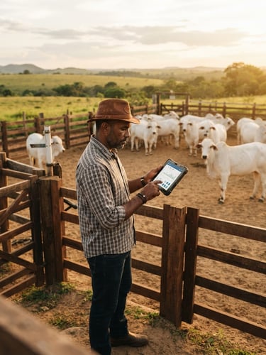 Editorial agricultural photography of a modern Brazilian rancher in a clean, organized corral holding a digital tablet, healthy Nelore cattle in the background, natural golden-hour sunlight, rich moss green tones, 35mm