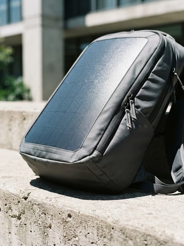 Close-up of a sleek SolarGo backpack with integrated flexible solar panel catching direct sunlight on a modern concrete ledge, sharp shadows, high-detail 35mm lens