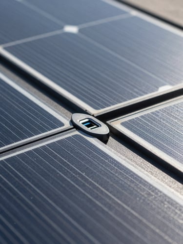 Close-up of flexible solar panel texture integrated into dark gray performance fabric, bright direct sunlight casting sharp technical shadows, showing USB-C port detail