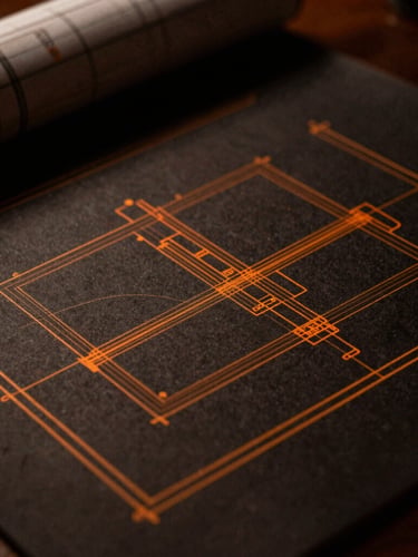 High-contrast macro shot of a physical architectural blueprint with sharp orange lines on a dark table, low-key dramatic lighting