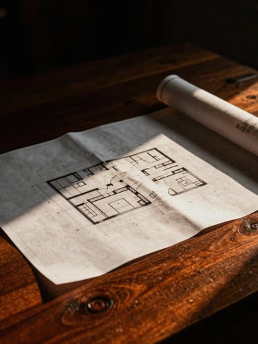 Low-key dramatic side-lighting on a printed architectural blueprint spread across a dark wooden table, warm rust-orange accents, deep shadows, 35mm film grain
