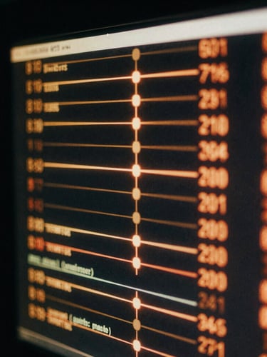Macro close-up of a glowing terminal screen displaying server latency metrics and network routes, low-key dramatic side-lighting with deep shadows and amber highlights, 35mm film grain