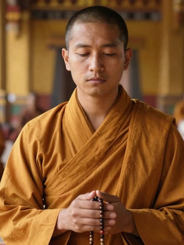 A close-up portrait of a serene meditator in a warm, sun-drenched temple room, hands gently holding prayer beads, soft saffron robes, peaceful expression, shallow depth of field, 35mm.