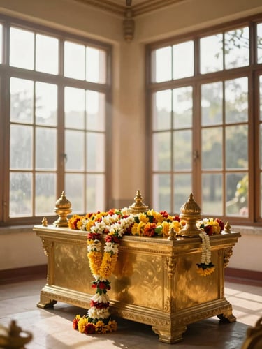 A peaceful temple room with a golden altar, fresh flower garlands, soft morning sunlight filtering through high windows, warm editorial photography.